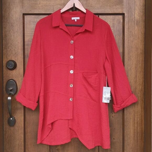 Habitat Button Down Top Lagenlook Asymmetric Casual Relaxed Fiery Red - Picture 1 of 7